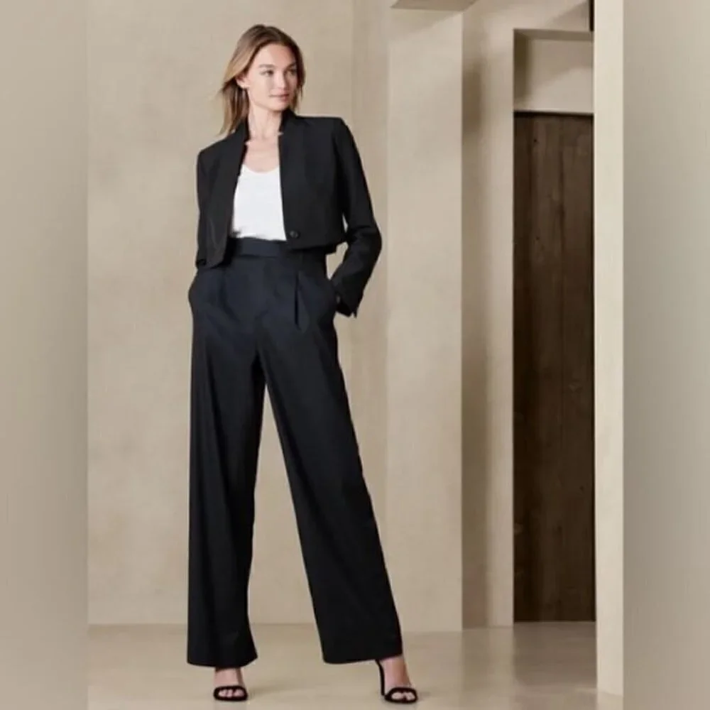 Banana Republic High Rise Pleated Wide Leg Linen Cotton Pants Black Size 8 NWT